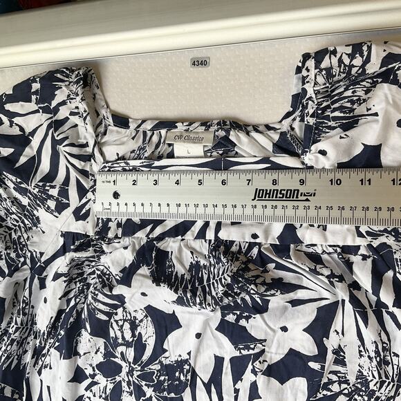 CW Classics Women Midi Dress L Navy Floral Shift Ruffle Short Sleeve - Picture 3 of 9